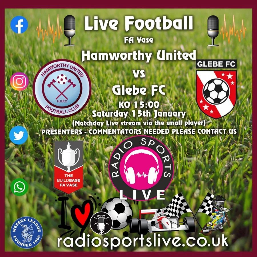 🗣️ Saturday football ...
⚽️ @HamworthyUtdFC 🆚️ @glebefootball
🏆 #FAVase @FAVaseHQ @favasefactfile @nls_wessex
📆 Sat 15 Jan KO 15:00
📍 BH15 4BF
📻 Paul, Josh & Tim Live⏰14:45
🕸️ https://radiosportslive.co.uk (small player)
⚒ #HammersOfPoole
😷 Follow safety protocols
